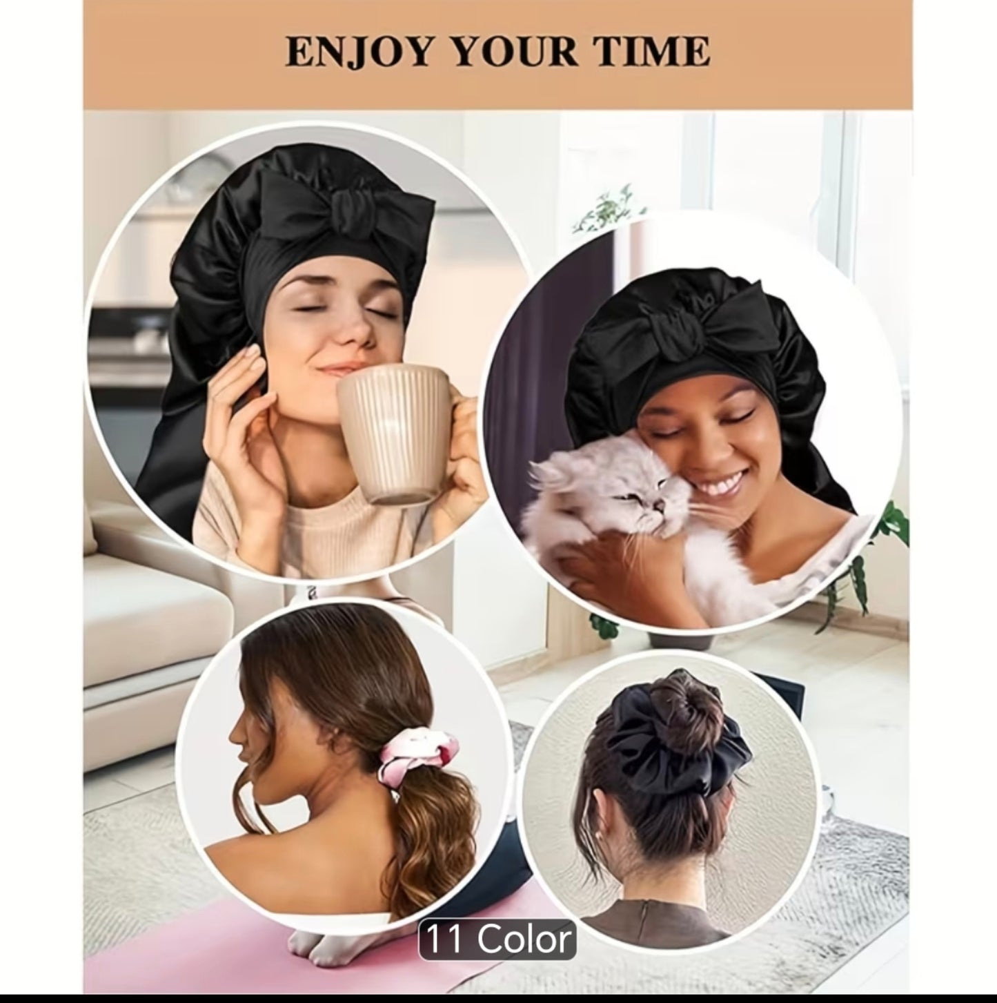 Luxury Satin Tie Bonnet Adjustable Long Hair Sleep & Matching Hair Scrunchie Set