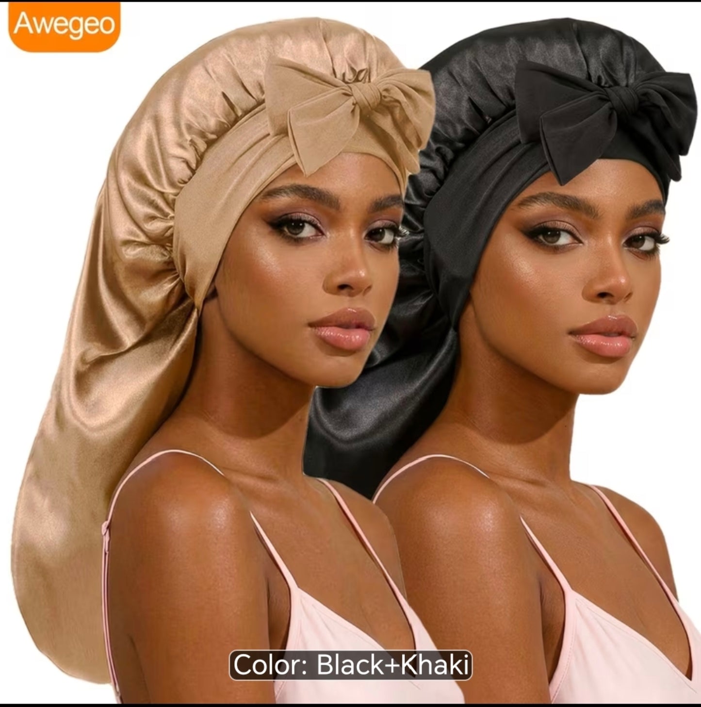 Luxury Satin Tie Bonnet- Biege & Black (2pcs)