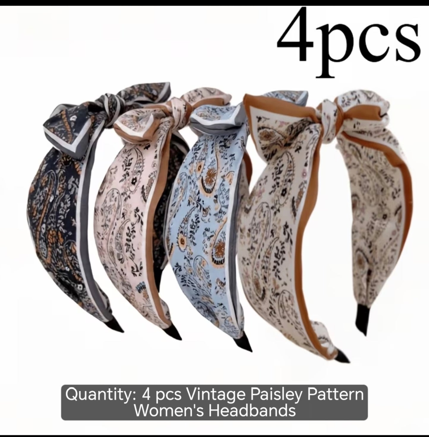 4-Piece Vintage Paisley Bow Headband Set – Wide Hairbands for Everyday Styling