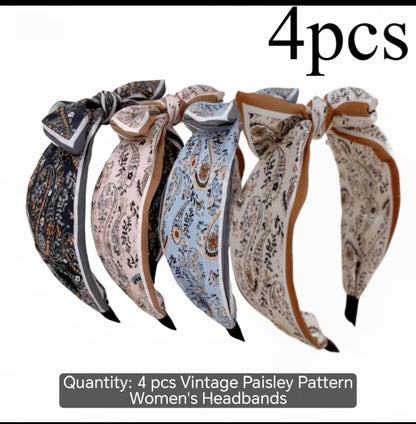 4-Piece Vintage Paisley Bow Headband Set – Wide Hairbands for Everyday Styling