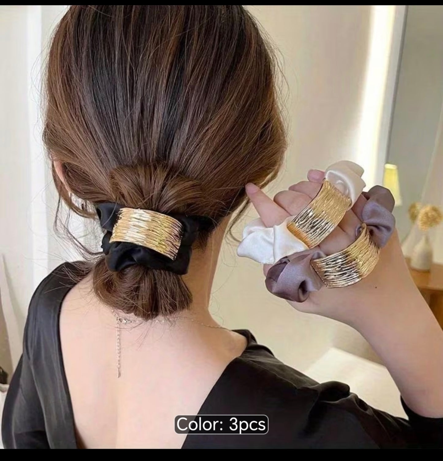 3-Piece Satin Scrunchie Set with Gold Cuff Detail – Elegant Hair Ties for Women