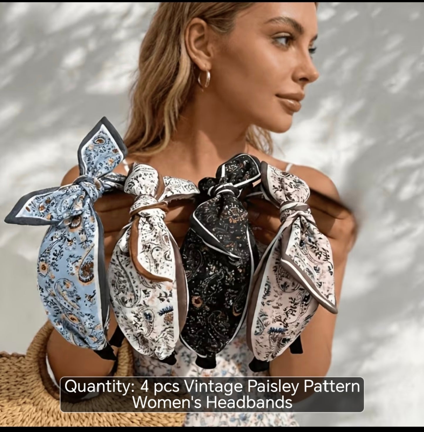4-Piece Vintage Paisley Bow Headband Set – Wide Hairbands for Everyday Styling