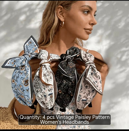 4-Piece Vintage Paisley Bow Headband Set – Wide Hairbands for Everyday Styling