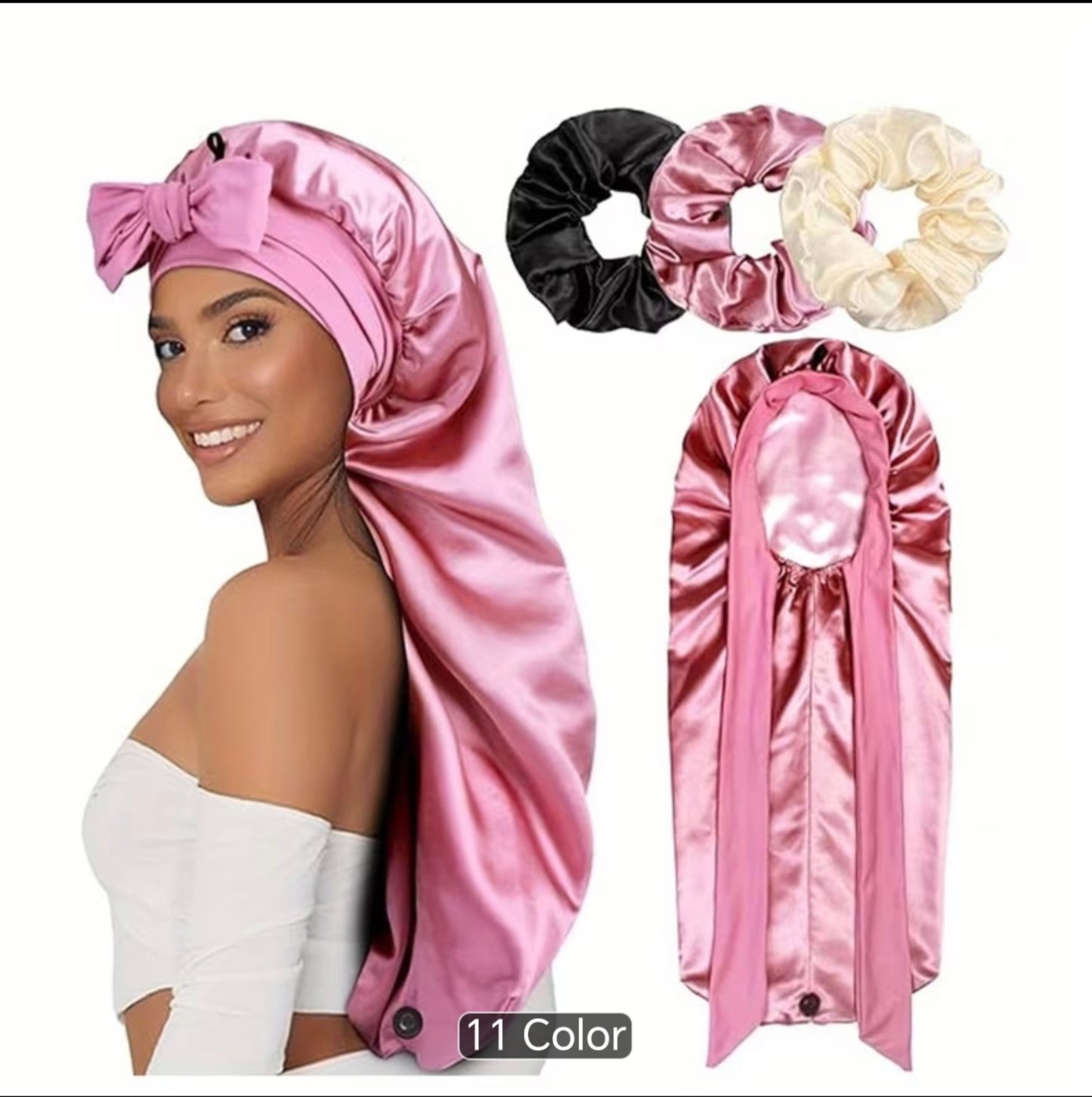 Luxury Satin Tie Bonnet  Adjustable Long Hair Sleep & Matching Hair Scrunchie Set