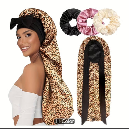 Luxury Satin Tie Bonnet  Adjustable Long Hair Sleep & Matching Hair Scrunchie Set
