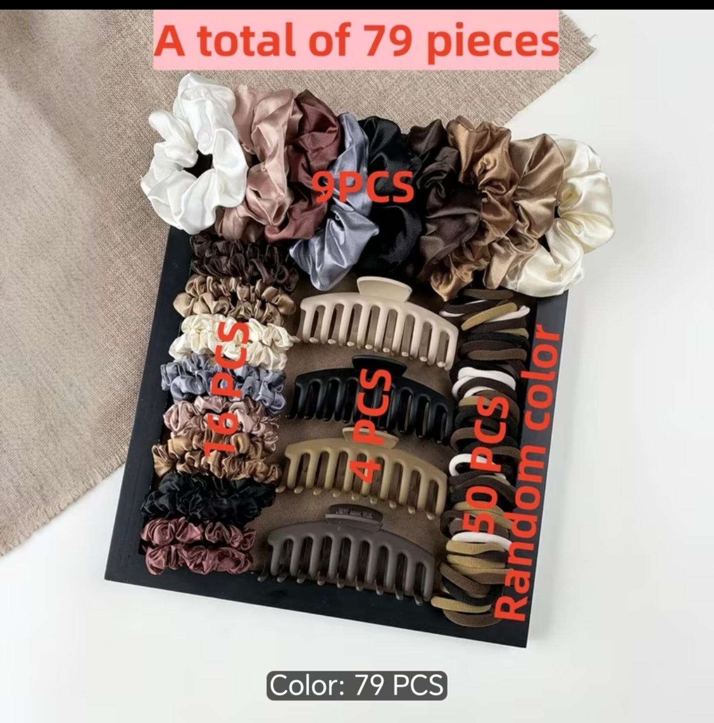 79-Piece Hair Accessories Set – Satin Scrunchies, Hair Ties & Claw Clips