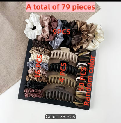 79-Piece Hair Accessories Set – Satin Scrunchies, Hair Ties & Claw Clips