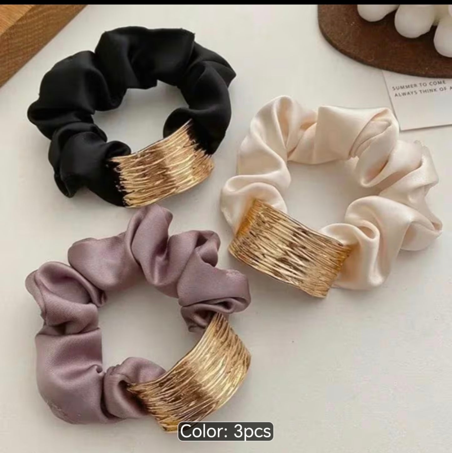 3-Piece Satin Scrunchie Set with Gold Cuff Detail – Elegant Hair Ties for Women