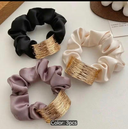 3-Piece Satin Scrunchie Set with Gold Cuff Detail – Elegant Hair Ties for Women