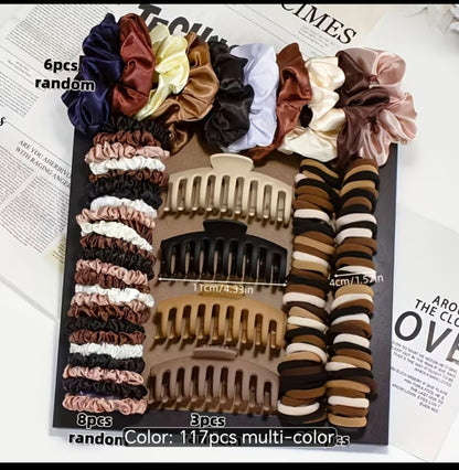 117-Piece Satin Hair Accessories Set – Scrunchies, Hair Ties & Claw Clips