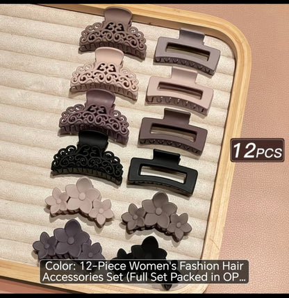 12-Piece Large Hair Claw Clip Set – Neutral Strong Hold Clips for Thick & Curly Hair