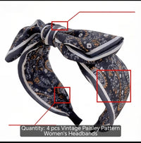 4-Piece Vintage Paisley Bow Headband Set – Wide Hairbands for Everyday Styling