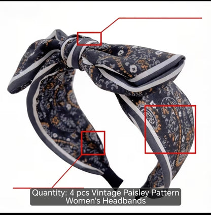 4-Piece Vintage Paisley Bow Headband Set – Wide Hairbands for Everyday Styling