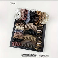 79-Piece Hair Accessories Set – Satin Scrunchies, Hair Ties & Claw Clips