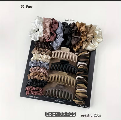 79-Piece Hair Accessories Set – Satin Scrunchies, Hair Ties & Claw Clips