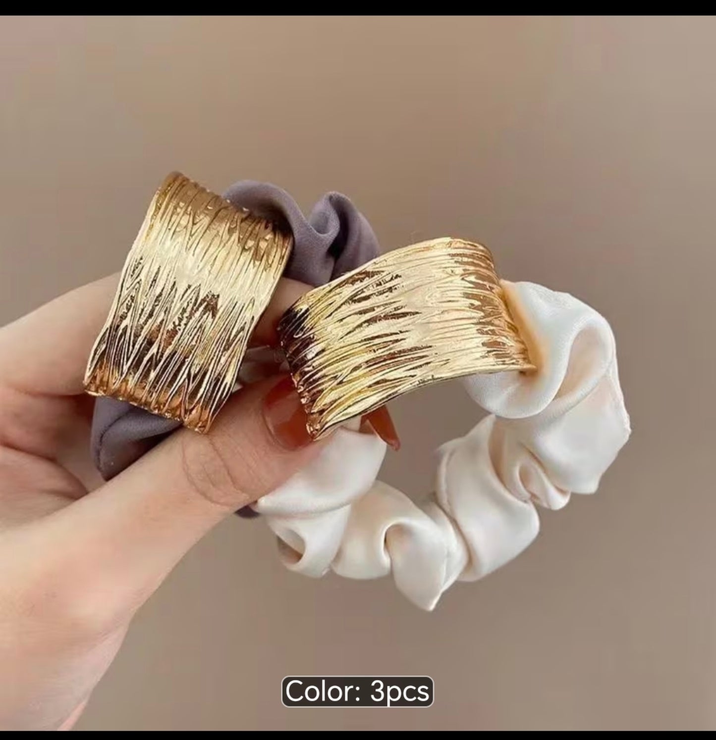 3-Piece Satin Scrunchie Set with Gold Cuff Detail – Elegant Hair Ties for Women