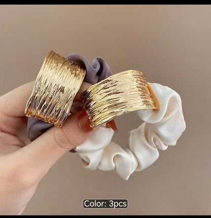 3-Piece Satin Scrunchie Set with Gold Cuff Detail – Elegant Hair Ties for Women