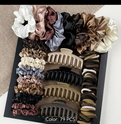 79-Piece Hair Accessories Set – Satin Scrunchies, Hair Ties & Claw Clips