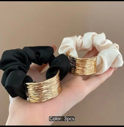 3-Piece Satin Scrunchie Set with Gold Cuff Detail – Elegant Hair Ties for Women