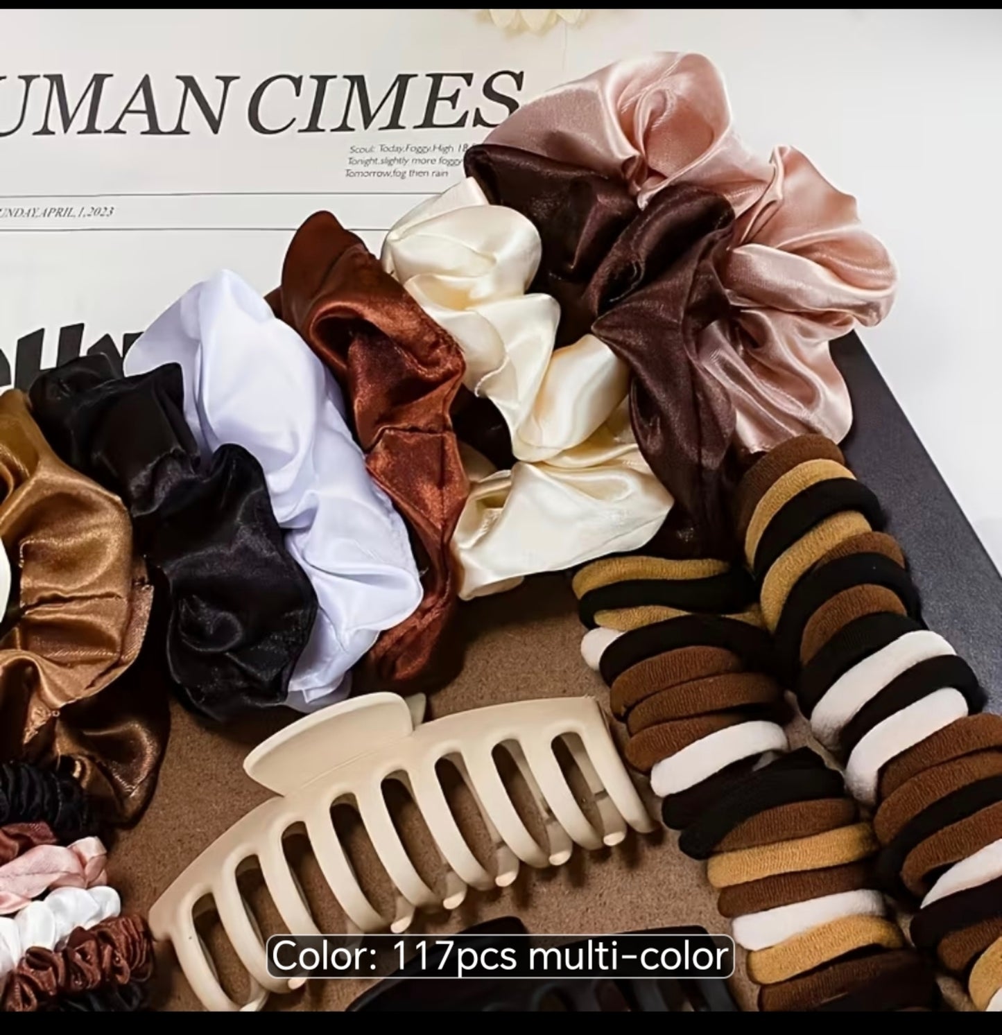 117-Piece Satin Hair Accessories Set – Scrunchies, Hair Ties & Claw Clips