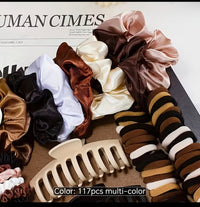 117-Piece Satin Hair Accessories Set – Scrunchies, Hair Ties & Claw Clips