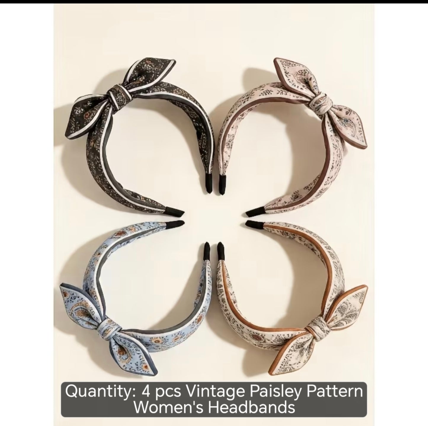 4-Piece Vintage Paisley Bow Headband Set – Wide Hairbands for Everyday Styling