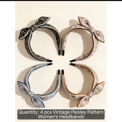 4-Piece Vintage Paisley Bow Headband Set – Wide Hairbands for Everyday Styling