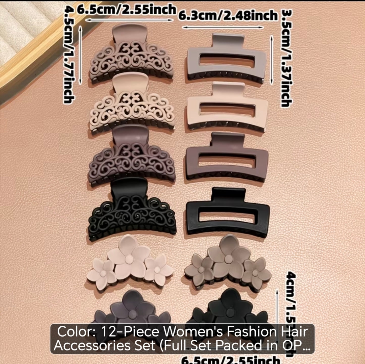 12-Piece Large Hair Claw Clip Set – Neutral Strong Hold Clips for Thick & Curly Hair